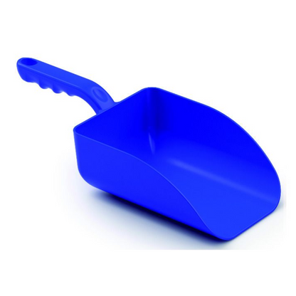 The Haug Bürsten KG Large Hand Scoop in bright blue features a curved handle and a deep, rectangular basin, ideal for scooping and unloading materials such as grains, animal feed, or other small particles. This food-compliant tool measures 328 x 136 x 79 mm.