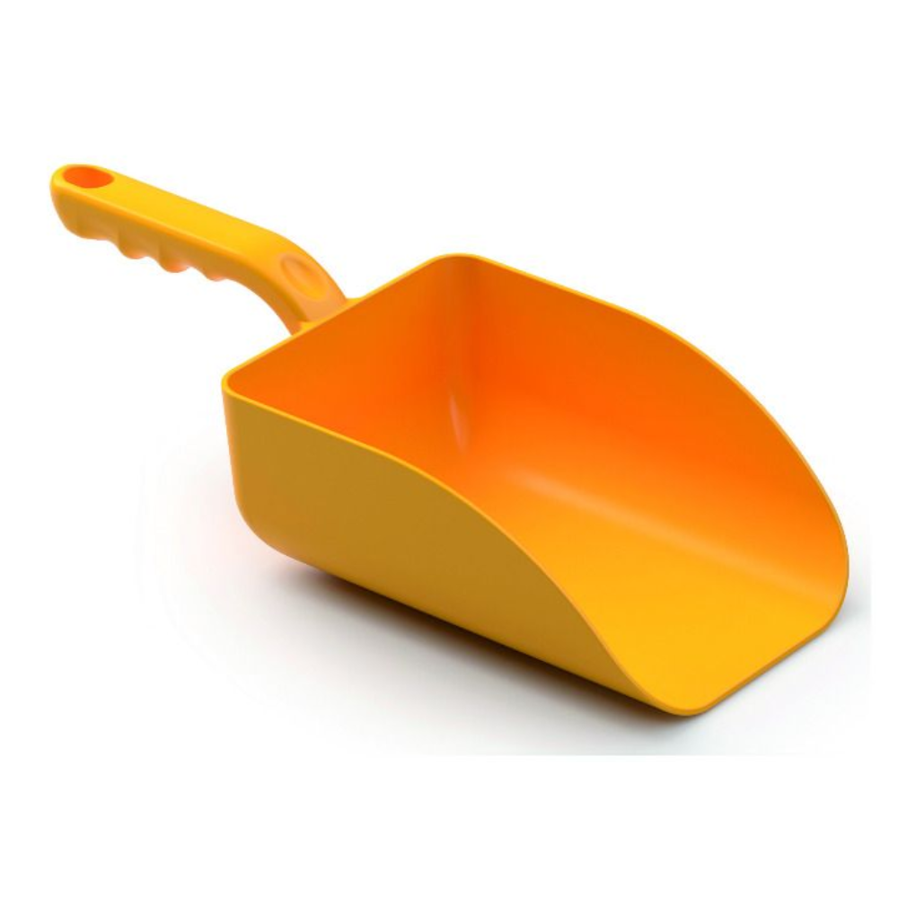 The Haug Bürsten KG Large Hand Scoop in bright yellow with a food-safe design features a textured handle for comfortable holding. This HACCP-certified scoop is wide and has a deep, beveled edge, making it ideal for various tasks and stands against a plain white background.