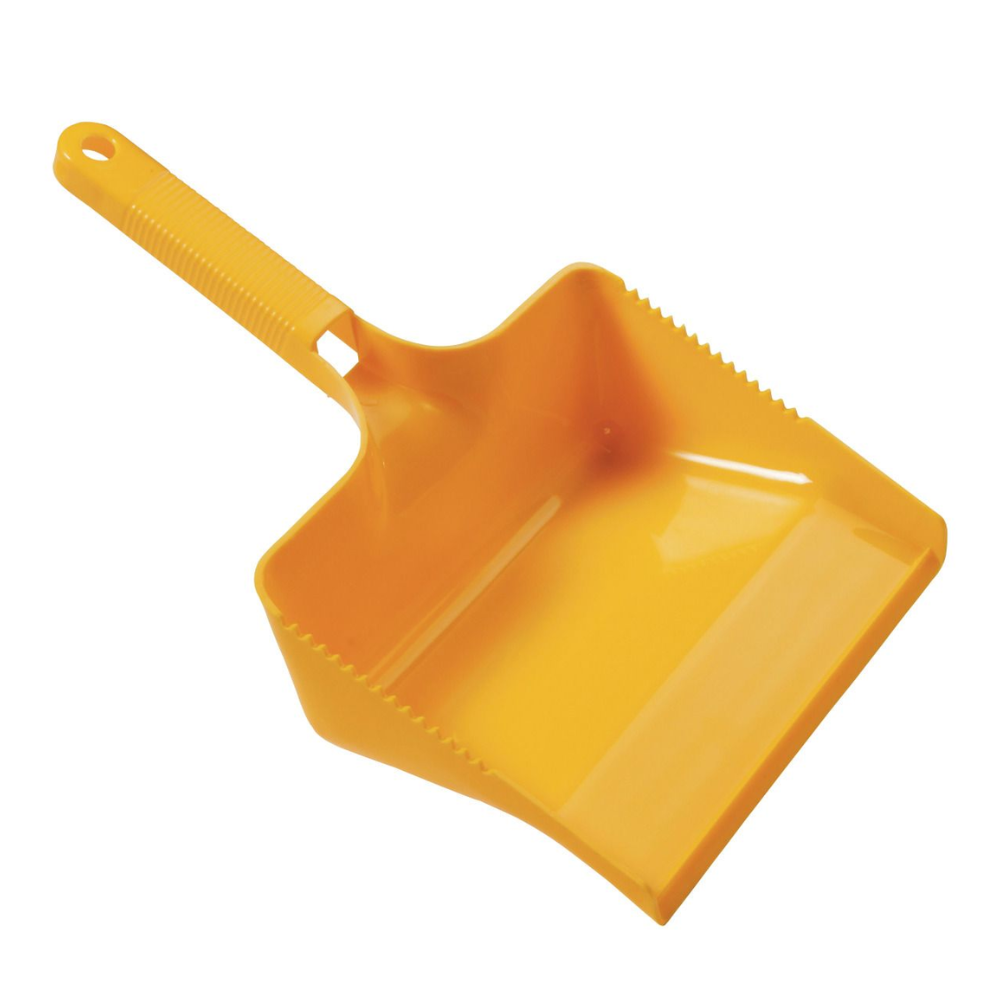 A dustpan from Haug Bürsten KG in bright yellow with plastic construction, ribbed handle for better grip, integrated hanging hole for easy storage, and HACCP-compliant design.
