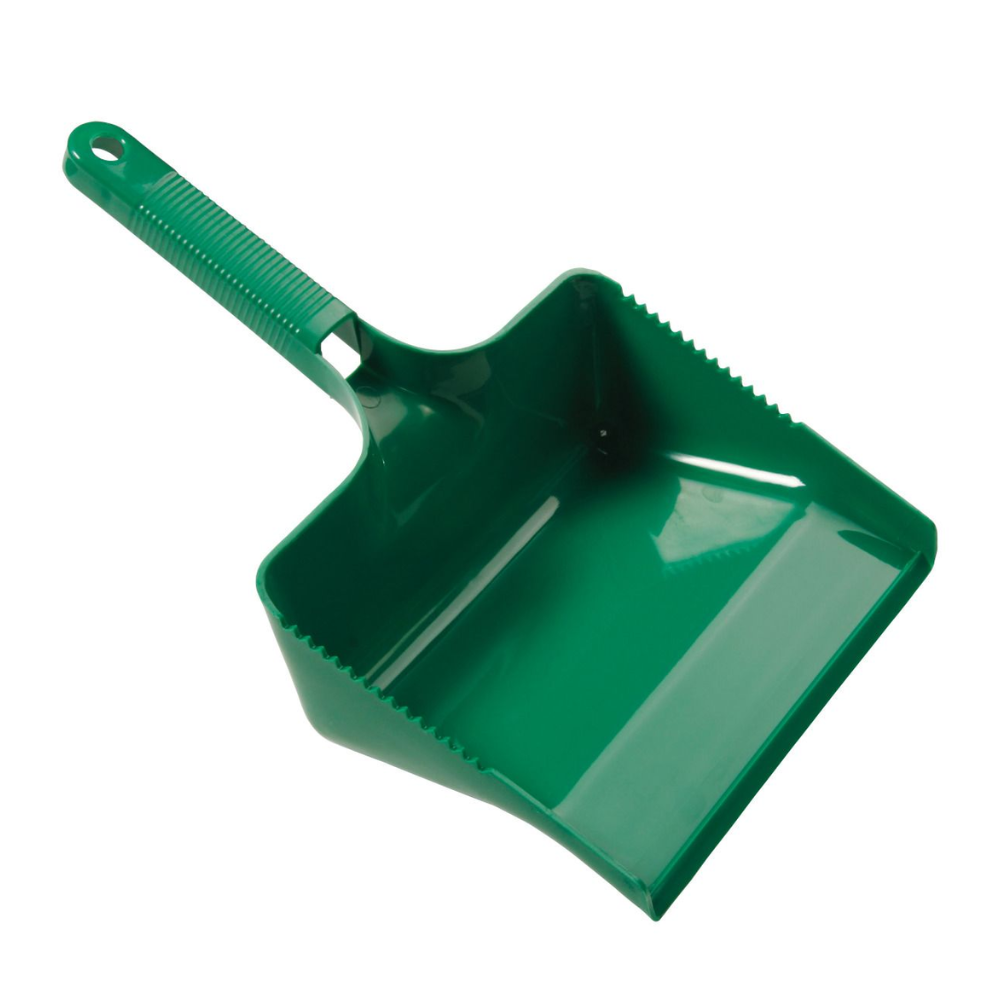 A Haug dustpan from Haug Bürsten KG, available in green plastic, is equipped with a ribbed handle and a hanging hole at the end. The dustpan is designed to be HACCP-compliant and features ribbed edges on the sides near the handle.