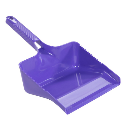 A purple Haug dustpan made of plastic, manufactured by Haug Bürsten KG, features a ribbed handle for easy sweeping. The smooth edge and serrated sides make cleaning effortless, while the broom comb ensures optimal cleanliness.