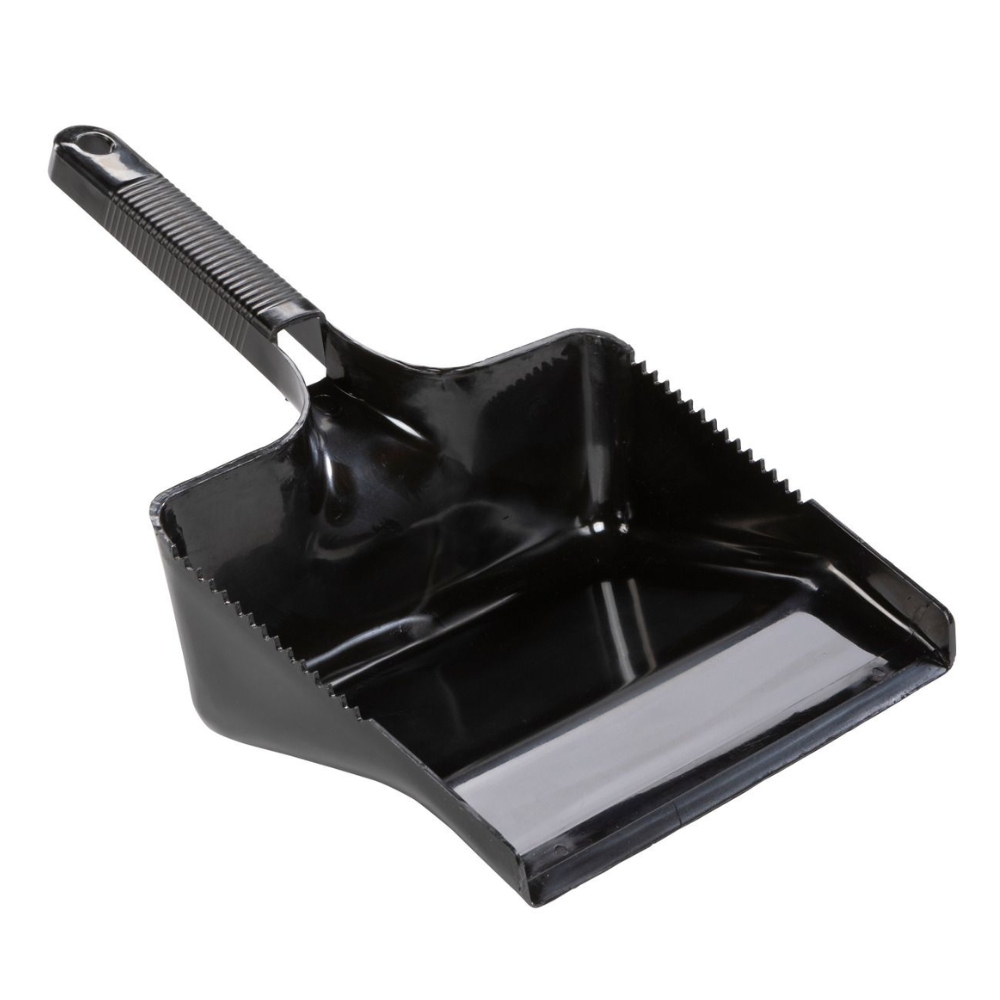 The Haug Bürsten KG Haug dustpan, square with broom comb, available in various colors, is a black plastic dustpan with a ribbed handle for collecting dust and dirt. This HACCP-compliant tool features raised edges and a flat bottom for easy handling.