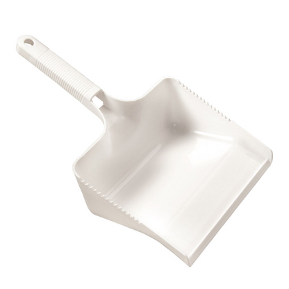 A white dustpan from Haug Bürsten KG with a ribbed handle and slightly curved edge is positioned at an angle, making the open scoop and integrated broom comb visible. The handle features a convenient hanging hole for easy storage.