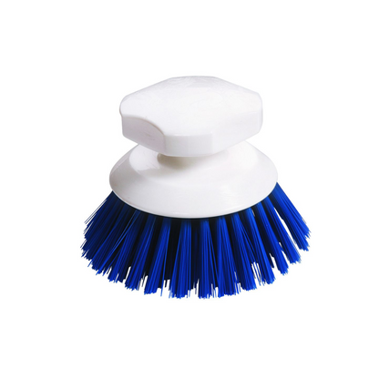 The image shows a Haug button brush 90 x 120 mm from Haug Bürsten KG, with a white plastic handle and densely packed blue bristles, ideal for professional scrubbing of surfaces and hygienic use in the household.