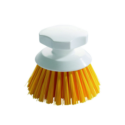 The Haug button brush 90 x 120 mm from Haug Bürsten KG is a white brush with a round handle and circularly arranged yellow bristles, ideal for professional cleaning as a hygienic solution. Its design stands out against the plain white background.