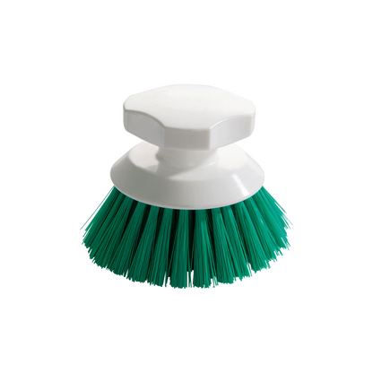 The Haug button brush 90 x 120 mm from Haug Bürsten KG is a white plastic scrubbing brush, perfect for cleaning tasks, with a hexagonal handle and green bristles that stand out against a plain white background.