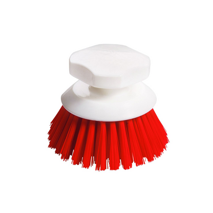 The Haug button brush 90 x 120 mm from Haug Bürsten KG has a white plastic handle, a round shape, and firm red bristles. It is ideal for professional cleaning and provides an effective hygienic solution for scrubbing surfaces.