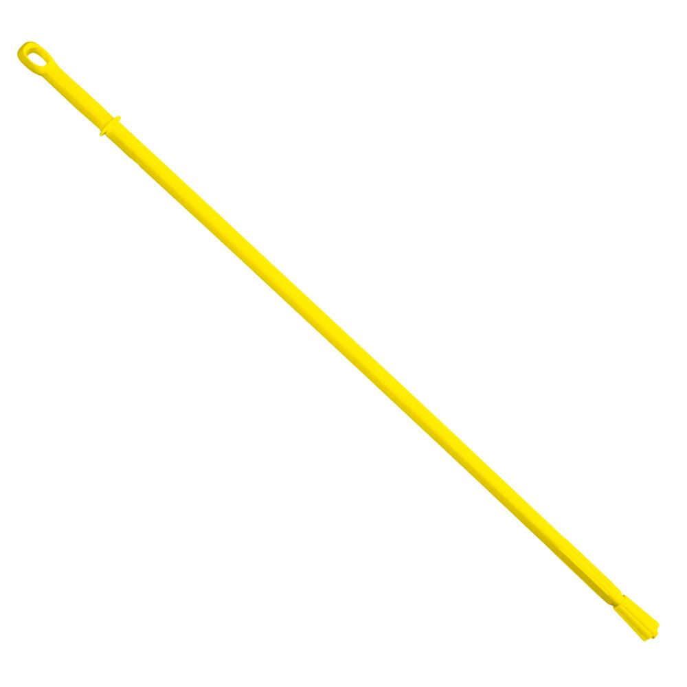 Against a white background appears a yellow broom handle from the company Haug Bürsten KG with a threaded end and hanging loop made of heat-resistant plastic handle. It is the Haug plastic handle ergonomic 1500 mm ø 32 mm.
