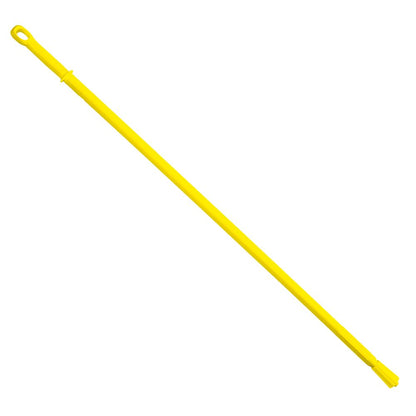 Against a white background appears a yellow broom handle from the company Haug Bürsten KG with a threaded end and hanging loop made of heat-resistant plastic handle. It is the Haug plastic handle ergonomic 1500 mm ø 32 mm.