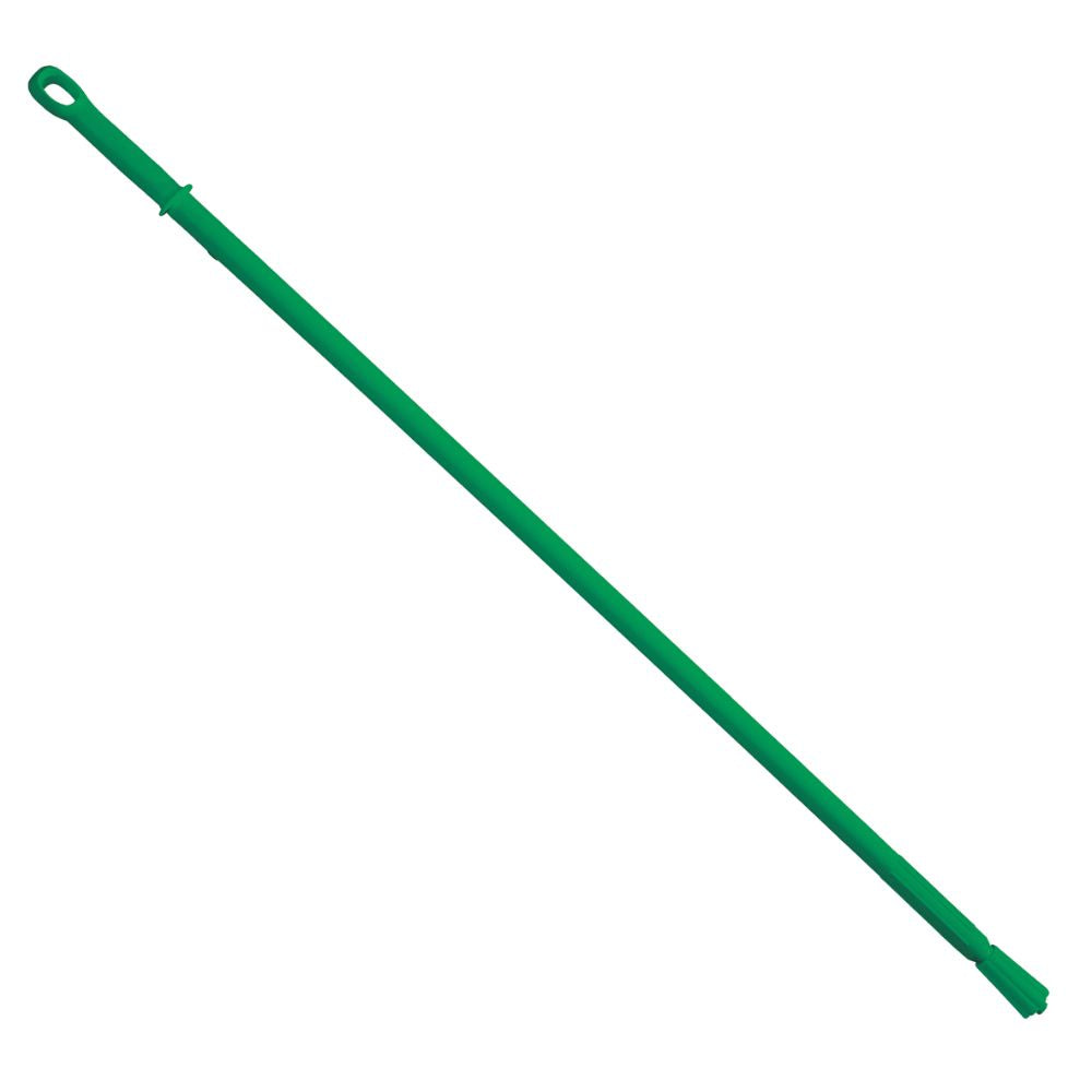 A green plastic handle from Haug Bürsten KG with a length of 1500 mm and 32 mm ø impresses with its ergonomic design and a loop attachment at one end, presented on a white background.