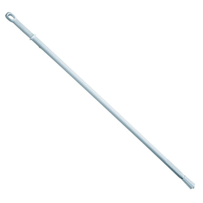 The image shows the Haug plastic handle ergonomic 1500 mm ø 32 mm from Haug Bürsten KG, a white telescopic rod with an ergonomic oval handle and threaded tip. It is perfect for cleaning or painting and is made of durable materials for high heat resistance.