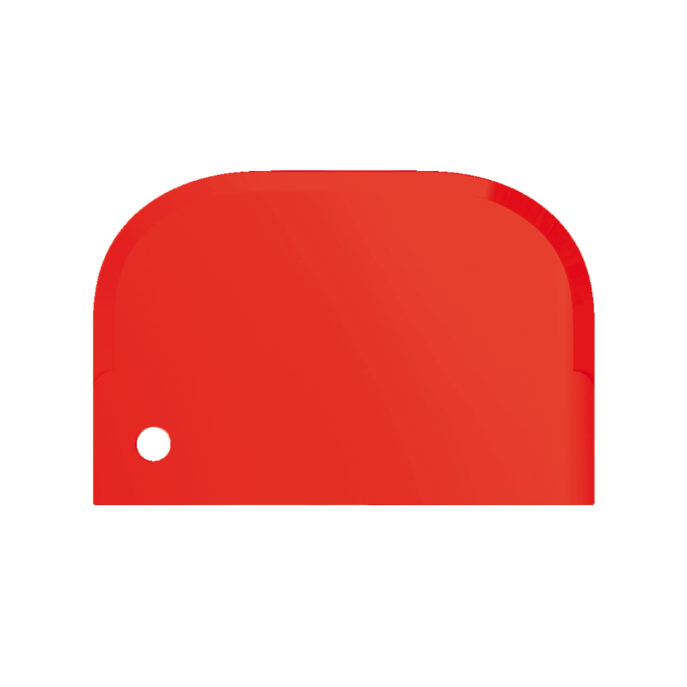 A bright red item with rounded edges and a shiny surface, reminiscent of the Haug scraper small 15 x 10 cm from Haug Bürsten KG. It features a small round hole in the lower left corner and is displayed against a plain white background.