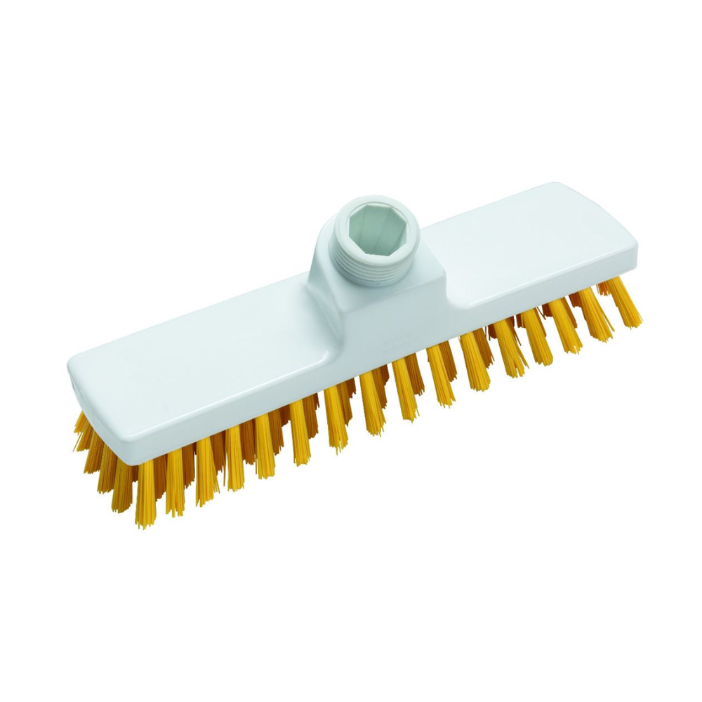 The Haug scrubber 225 x 60 x 100 mm from Haug Bürsten KG is a rectangular cleaning brush with a white plastic body and yellow bristles made from food-safe materials. It has a threaded socket at the top center for attaching a handle according to HACCP hygiene standards, and the bristles are arranged in multiple rows.