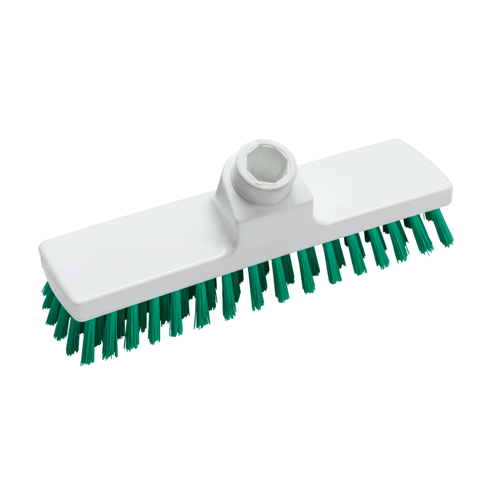 The Haug scrubber from Haug Bürsten KG is depicted in a white, rectangular design with green bristles. It features a threaded connection on the top for a handle and complies with HACCP hygiene standards to ensure safety and cleanliness in food environments. The dimensions are 225 x 60 x 100 mm.