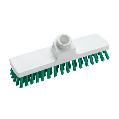 The Haug scrubber from Haug Bürsten KG is depicted in a white, rectangular design with green bristles. It features a threaded connection on the top for a handle and complies with HACCP hygiene standards to ensure safety and cleanliness in food environments. The dimensions are 225 x 60 x 100 mm.