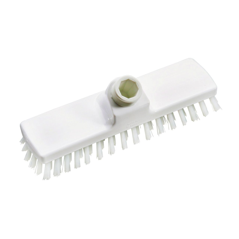 We present the Haug scrubber from Haug Bürsten KG: a 225 x 60 x 100 mm white brush head with stiff bristles and a hexagonal socket for attaching the handle. It is made from food-safe materials and its evenly arranged bristles ensure efficient scrubbing, while its durable design complies with HACCP hygiene standards. The brush head is elegantly mounted against a plain white background.