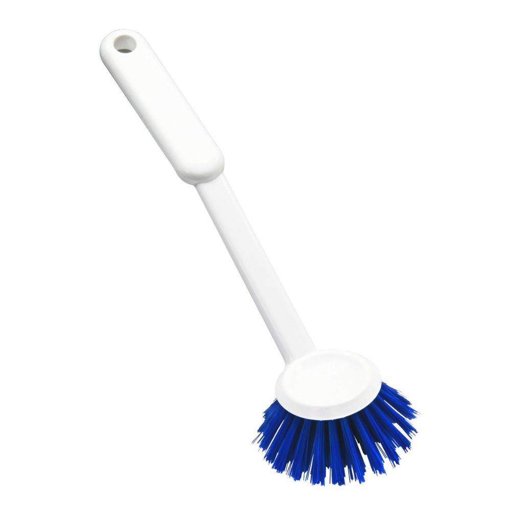 A dish brush from Haug Bürsten KG with a long handle and sturdy blue bristles is made from durable PBT material and meets HACCP standards for cleanliness and safety.