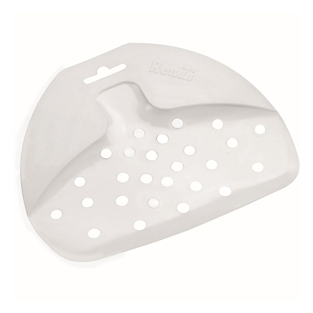 The Haug plate scraper PP from Haug Bürsten KG is a white triangular plastic drip tray made of polypropylene. It features round holes that are ideal for draining cutlery or small kitchen utensils, with an engraved logo on the surface and a notch at the top for easy hanging. This product complies with HACCP guidelines and is delivered in a package with one piece in the format 160 x 180 mm.