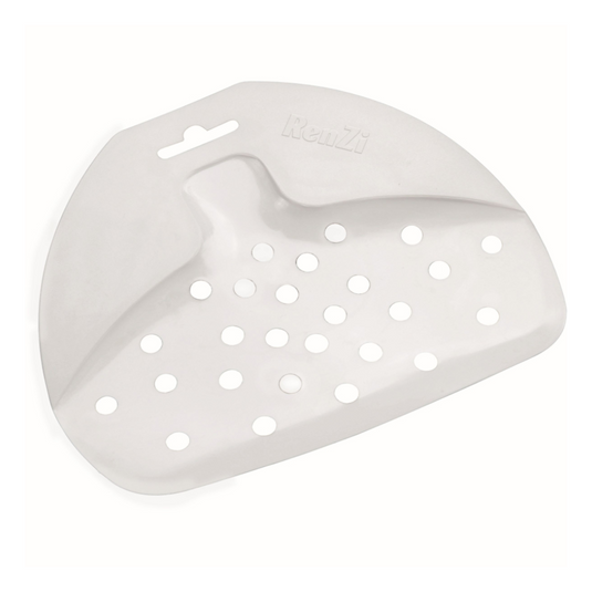 The Haug plate scraper PP from Haug Bürsten KG is a white triangular plastic drip tray made of polypropylene. It features round holes that are ideal for draining cutlery or small kitchen utensils, with an engraved logo on the surface and a notch at the top for easy hanging. This product complies with HACCP guidelines and is delivered in a package with one piece in the format 160 x 180 mm.