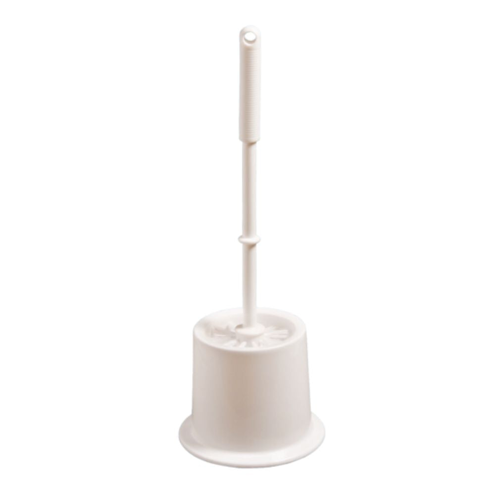 A Haug Bürsten KG toilet brush set with a ribbed handle stands upright in the matching round holder on a plain background, ensuring hygienic cleaning.