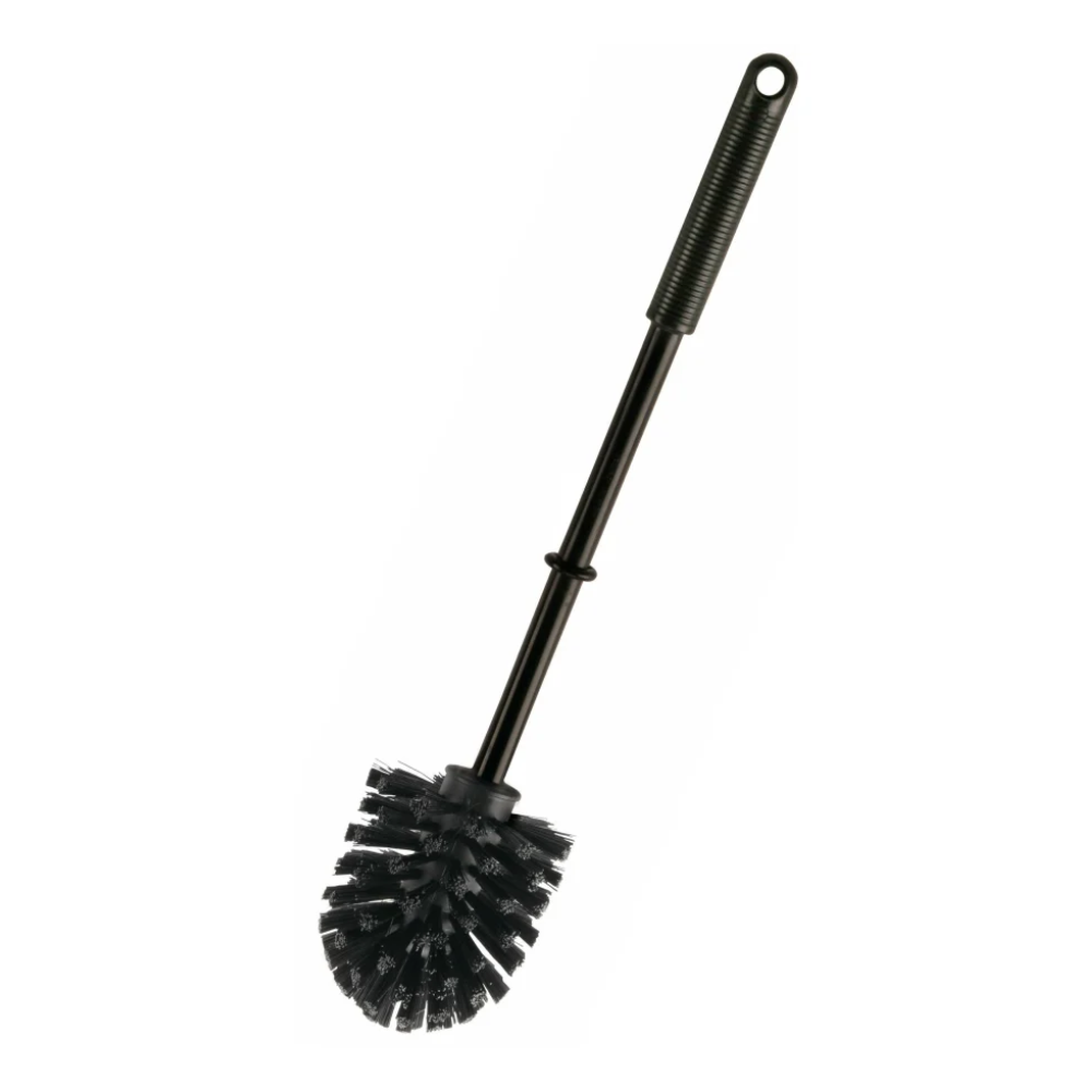 A Haug WC round brush small ø 75 mm PP black, manufactured by Haug Bürsten KG, features a long polypropylene handle with a round bristle head and includes a small hole for easy hanging.