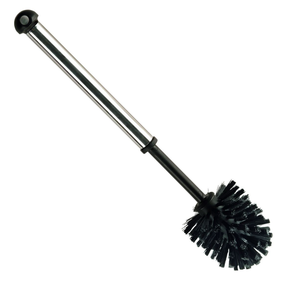 The Haug WC round brush with a chrome-plated metal handle features a metal handle and a black plastic bristle head with end cap, ideal for efficient cleaning of sanitary facilities. Manufactured by Haug Bürsten KG.