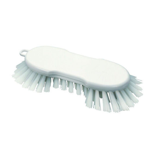 The Haug PBT White Scrub Brush from Haug Bürsten KG features stiff PBT bristles and an ergonomic handle, making it ideal for efficient surface cleaning. Dimensions: 225 x 72 x 55 mm.
