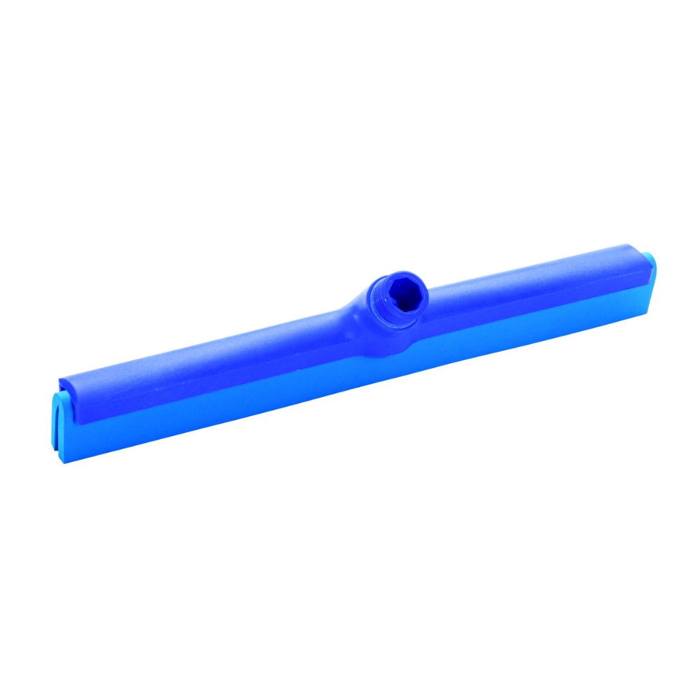 A blue Haug water squeegee with two lips made of plastic, measuring 420 x 35 x 80, from the company Haug Bürsten KG features a flat, wide blade with a central connection for handle attachment and complies with HACCP standards.