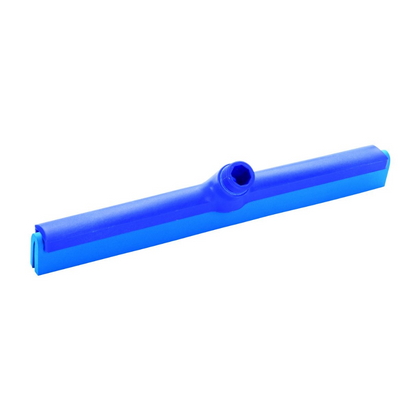 A blue Haug water squeegee with two lips made of plastic, measuring 420 x 35 x 80, from the company Haug Bürsten KG features a flat, wide blade with a central connection for handle attachment and complies with HACCP standards.