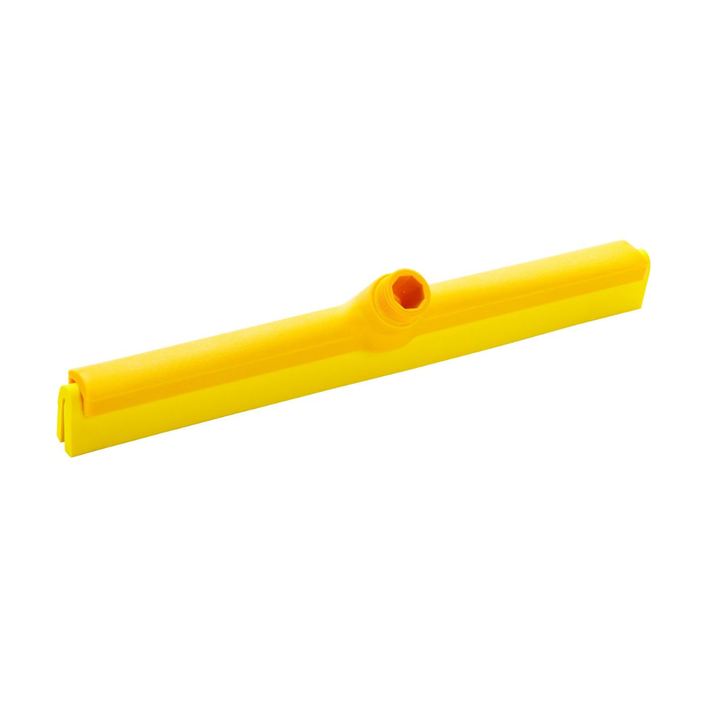 Discover the Haug two-lip water squeegee from Haug Bürsten KG: a versatile scraper available in various colors with a yellow plastic lip that meets HACCP standards for maximum hygiene. Its rectangular shape and smooth design with two edges make it ideal for efficiently removing liquids or dirt from surfaces, perfect for environments where food-compliant tools are required.