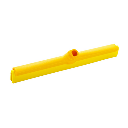 Discover the Haug two-lip water squeegee from Haug Bürsten KG: a versatile scraper available in various colors with a yellow plastic lip that meets HACCP standards for maximum hygiene. Its rectangular shape and smooth design with two edges make it ideal for efficiently removing liquids or dirt from surfaces, perfect for environments where food-compliant tools are required.