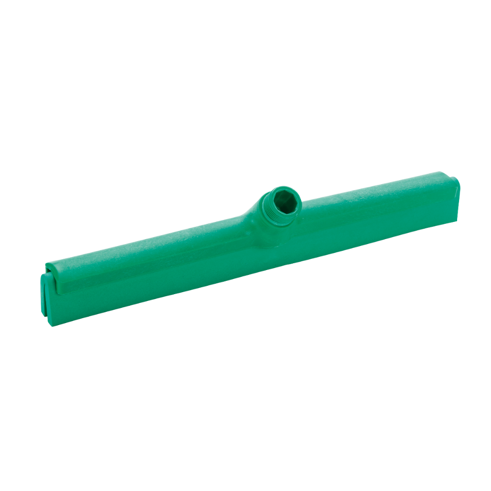 The Haug two-lip water squeegee from Haug Bürsten KG features a green scraper head with a central handle socket for easy pole attachment. The rectangular design is made of durable plastic and complies with HACCP standards for safe cleaning practices.