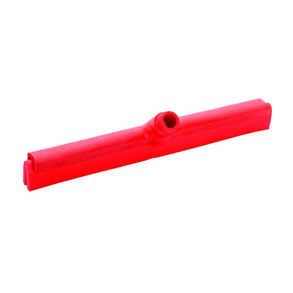 The Haug two-lip water squeegee, measuring 420 x 35 x 80 and available in various colors, features a red scraper head with a central attachment point designed according to HACCP standards for optimal hygiene. This food-compliant product from Haug Bürsten KG ensures both safety and efficiency.