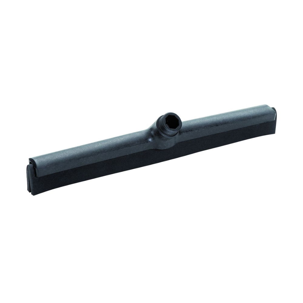 The Haug Bürsten KG two-lip water squeegee available in various colors is a black floor wiper in horizontal design with a connection piece for handle attachment. It features a rubber lip that ensures efficient cleaning of surfaces while adhering to HACCP standards and food-compliant requirements.