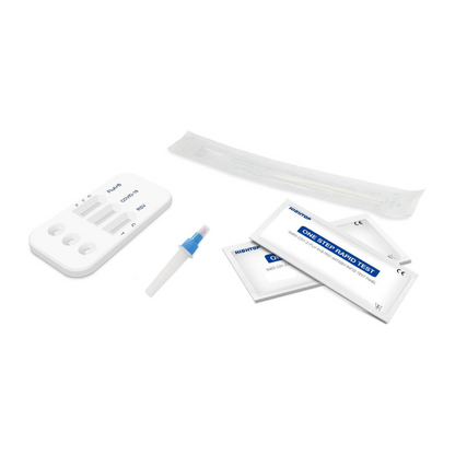 A HighTop Influenza A/B, RSV, Covid-19 professional rapid test – 20 pack | Box (20 tests) on a white background, including test device, sterile swab, sample extraction buffer, and instruction packets.