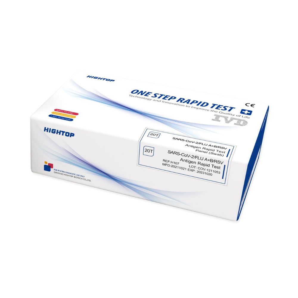 A box of HighTop Influenza A/B, RSV, Covid-19 professional rapid test kits for SARS-CoV-2 antigen tests. The packaging is white with blue and red accents and features logos, text, and a CE mark.