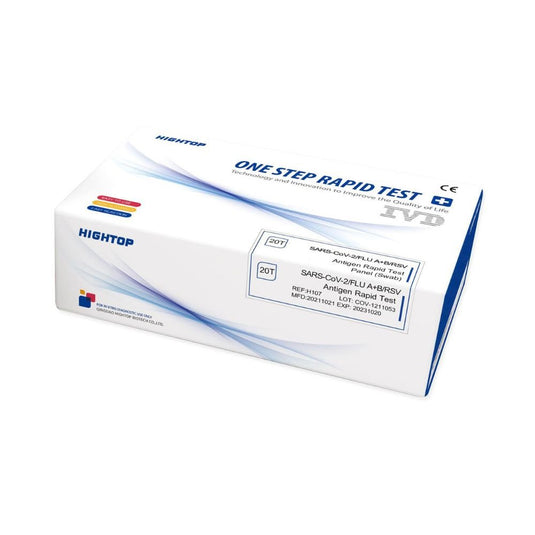 A box of HighTop Influenza A/B, RSV, COVID-19 Professional Rapid Tests for SARS-CoV-2 antigen testing. The packaging is white with blue and red accents and features logos, text, and a CE mark.