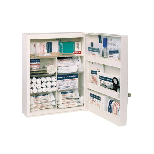 The Holthaus Medical FAMULUS First Aid Cabinet (unfilled) from Holthaus Medical GmbH & Co. KG is an open, spacious first aid cabinet with multiple shelves that can be stocked with various medical supplies such as bandages, gauze rolls, a CPR mask, antiseptic wipes, and adhesive bandages. Its clearly organized layout ensures easy identification and access in an emergency. A rescue symbol is clearly displayed on the door for quick recognition.