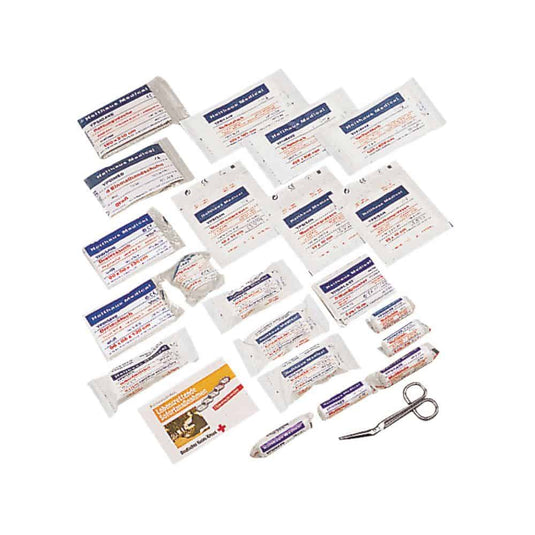 Spread out on a white surface is a collection of first-aid supplies from Holthaus Medical GmbH & Co. KG, which is ideal as a refill set for automotive first-aid kits. The Holthaus Medical Vehicle First Aid Refill Kit DIN 13164 | Pack (41 pieces) includes band-aids in various sizes, sterile gauze pads, adhesive tape, antiseptic wipes, a pair of scissors, and a first aid guide in accordance with DIN 13164.