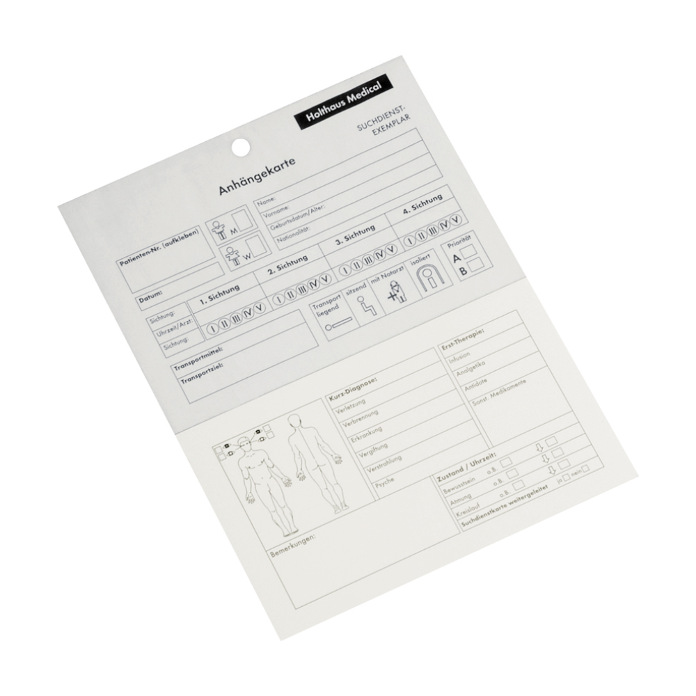 The Holthaus injury tag from Holthaus Medical GmbH & Co. KG is a detailed medical document that includes fields for patient data, suction requirements, diagnosis, medical history, and materials used. It contains diagrams of the human body for noting specific details and has a hole at the top. This product is available as a single pack (1 piece).