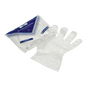 A package and a single disposable plastic glove are displayed. The transparent glove lies flat next to the packaging, which features blue and white design elements and a text indicating that it contains 100 disposable gloves, large from Holthaus Medical GmbH & Co. KG.