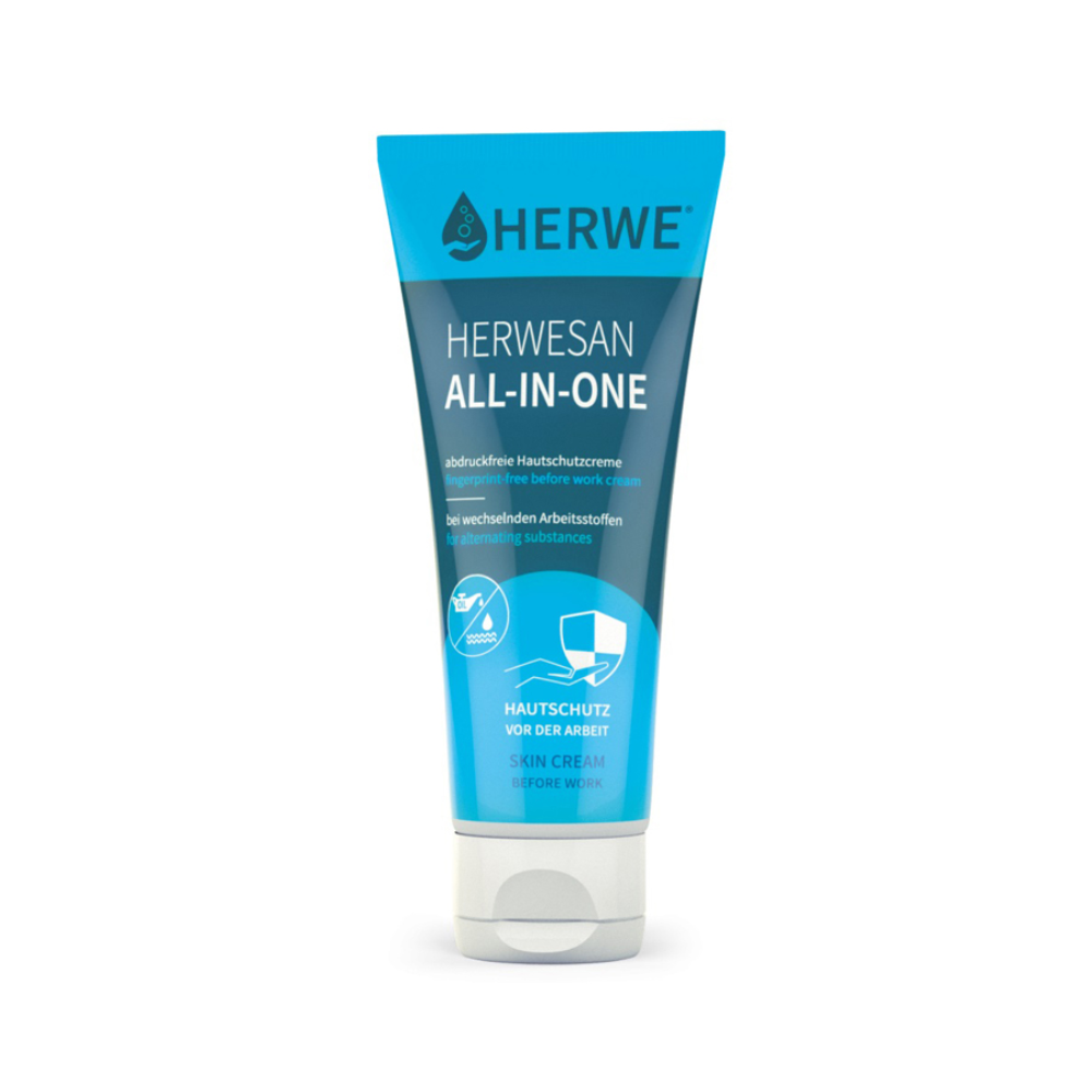 In front of a white background stands a blue-white tube with the inscription "Holthaus Herwesan All-In-One Skin Protection 100 ml | Package (1 piece)". The tube features a flip-top cap and a text indicating that it is a fast-absorbing skin protection cream, manufactured in Germany by Holthaus Medical GmbH & Co. KG, designed for use with various work materials and leaves a non-slippery skin feel.