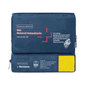 A blue first aid kit with the inscription "Holthaus Mini Combi Verbandtasche Motorrad" from Holthaus Medical GmbH & Co. KG with multilingual text for motorcycles. It complies with DIN 13167 and contains a high-visibility vest visible through a transparent section. The Mini Combi Verbandtasche features two zipper compartments – one on top and one on the side.
