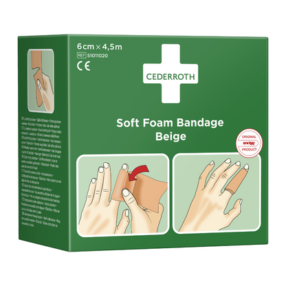 The picture shows a green box with Holthaus plaster dispenser Soft Foam Bandage Beige, 6 cm x 4.5 m in size, with the reference number 51011020 and a CE marking. Images show how the bandage is applied to a hand. The box also bears the logo of Holthaus Medical GmbH & Co. KG and a white cross, similar to the Cederroth designs.