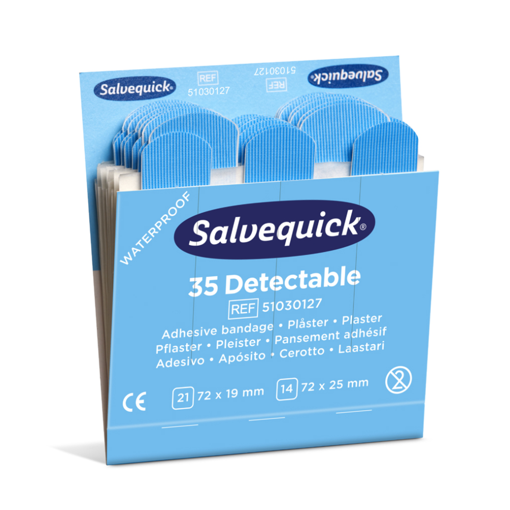 Image of a blue box with detectable plasters of the type Salvequick® Refill Insert 6735 from Holthaus Medical GmbH & Co. KG, also known as Salvequick. The box contains product information in multiple languages and two sizes: 21 plasters of 72 x 19 mm and 14 plasters of 72 x 25 mm. These waterproof plaster strips are perfect refill inserts for first aid kits.
