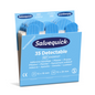 Image of a blue box with detectable plasters of the type Salvequick® Refill Insert 6735 from Holthaus Medical GmbH & Co. KG, also known as Salvequick. The box contains product information in multiple languages and two sizes: 21 plasters of 72 x 19 mm and 14 plasters of 72 x 25 mm. These waterproof plaster strips are perfect refill inserts for first aid kits.
