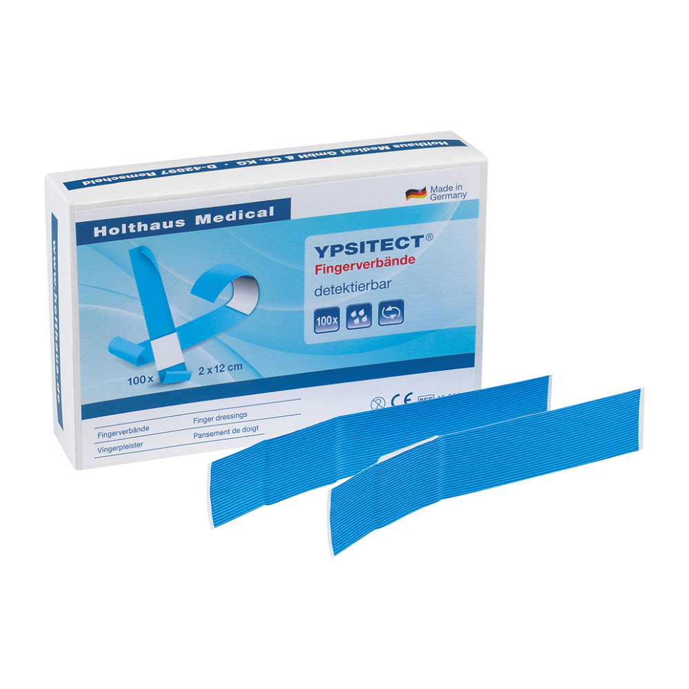 A box of Holthaus YPSITECT® finger bandages, water-repellent/detectable by Holthaus Medical GmbH & Co. KG, is shown with product information prominently placed. The box contains 100 blue plasters with dimensions of 2 cm x 12 cm. Two individual plasters are placed at the front for better visibility.