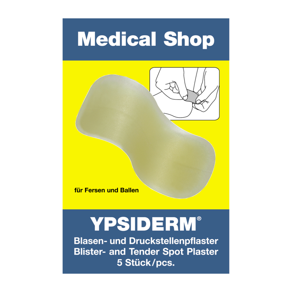 A yellow-blue package with the inscription “Medical Shop” contains Holthaus Ypsiderm® blister plasters for heels and balls of the feet. The brand name Holthaus Medical GmbH & Co. KG and a description in German are present. An illustration shows how the plaster is applied to a foot for effective blister treatment. Contains 5 pieces.