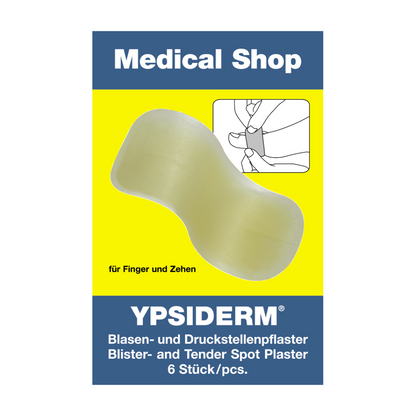 Package “Holthaus Ypsiderm® blister plasters” from Holthaus Medical GmbH & Co. KG, contains 6 pieces. The package includes an illustration of a blister plaster and application text for fingers and toes, with descriptions in German and English. Ideal for effective blister treatment.