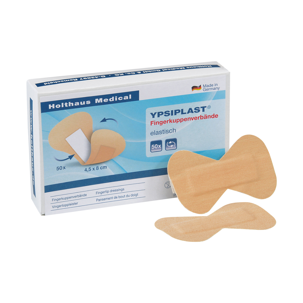 A pack of Holthaus Ypsiplast® fingertip bandages, elastic fingertip bandages from Holthaus Medical GmbH & Co. KG with two bandages depicted on the front. The pack contains 50 pieces, each measuring 4.5 cm x 8 cm, and bears the inscription "Made in Germany".